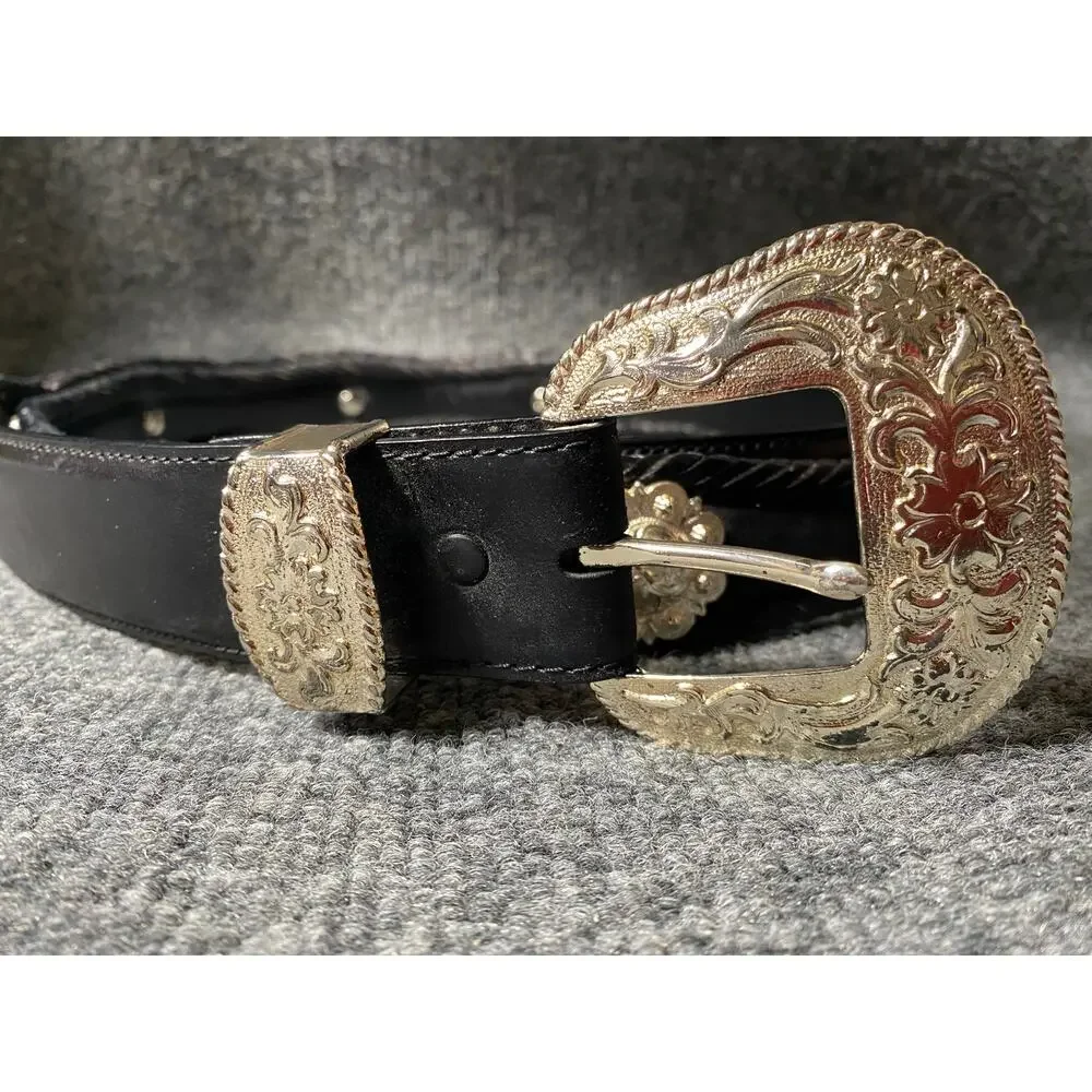 90’s Western Black Leather Concho Belt Intricate Floral Designed Buckle 4XL-5XL